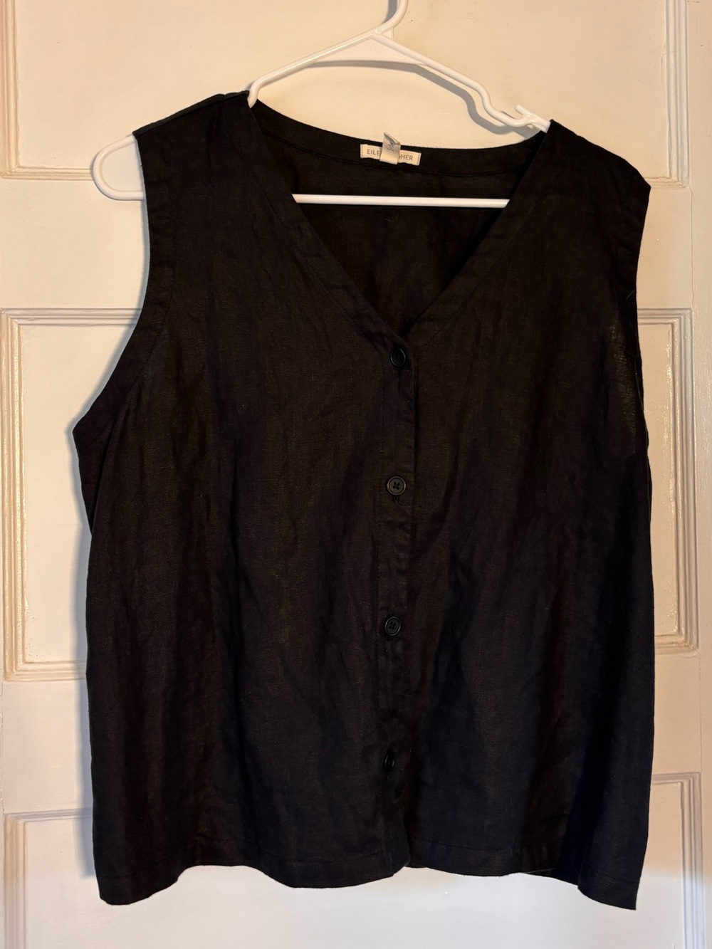 Eileen Fisher Black Sleeveless Button-Front Organic Linen Top